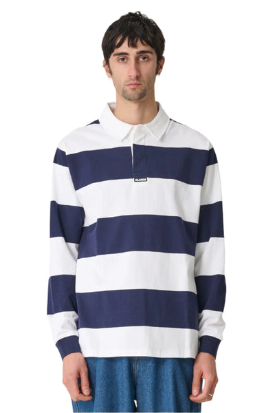 XLarge XL Stripe Rugby LS Polo Shirt White/Navy